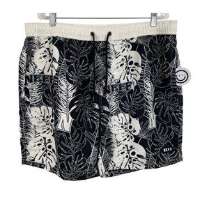 Neff Mens XXL Black & White Tropical Print Elastic Waist Swim Shorts w/Pockets